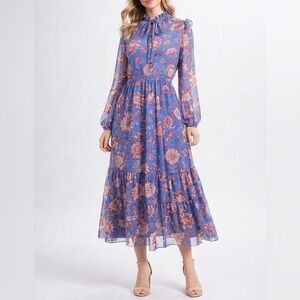 Julia Jordan Blue Floral Chiffon Midi Dress 6 Tie Neck Ruffle Long Sleeve NWOT